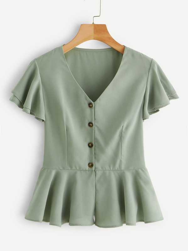 

Single-breasted Ruffle Hem Blouse, Green
