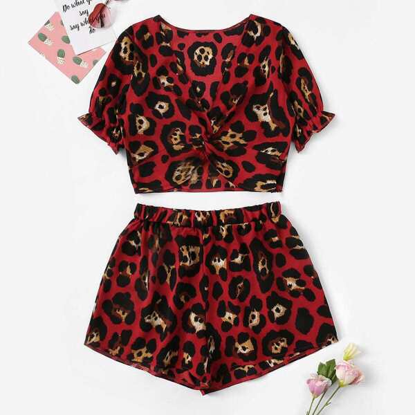 

Leopard Print Twist Front Blouse & Shorts
