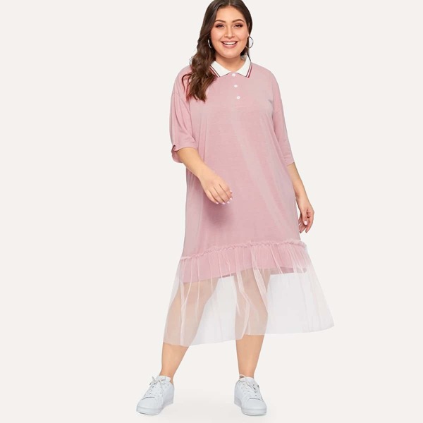 

Plus Contrast Mesh Collar Dress, Pink