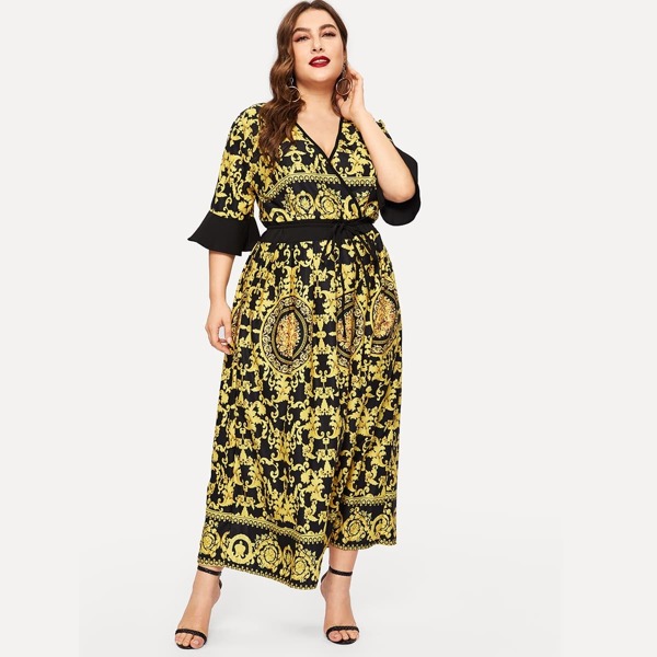 

Plus Surplice Front Self Tie Baroque Print Dress, Multicolor