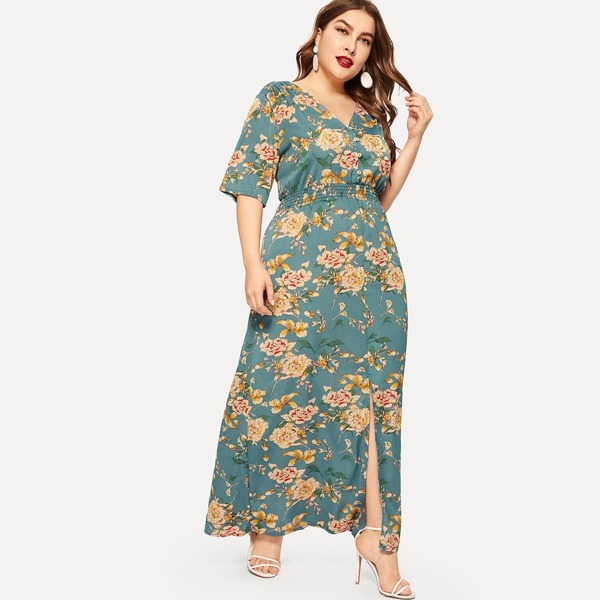 

Plus Floral Print Split Dress, Multicolor