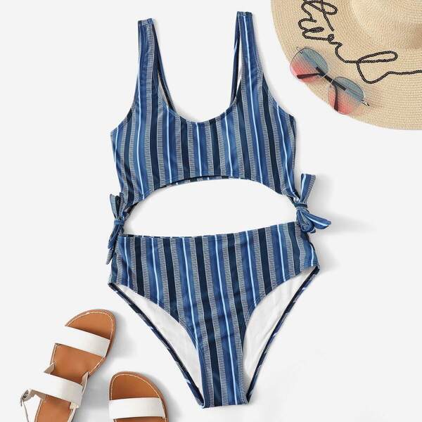 

Striped Cut Out Tie Side One Piece Swimwear