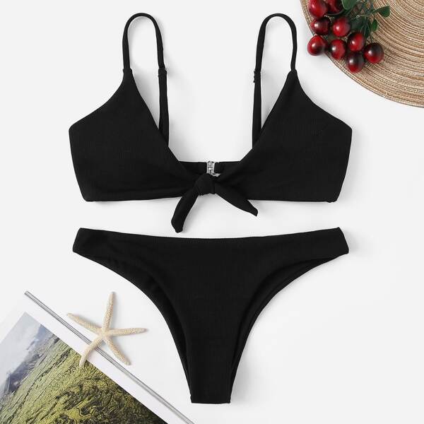 

Tie Front Ribbed Bikini Set, Black