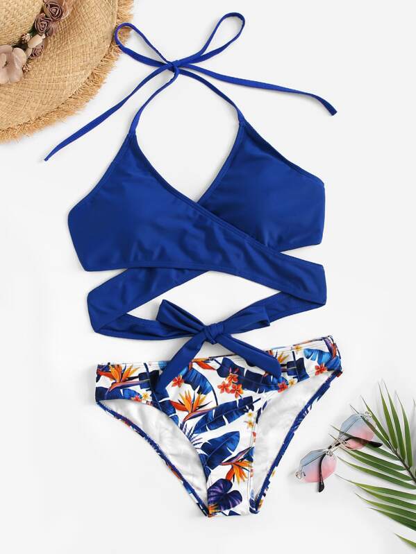 

Wrap Halter Top With Ramdom Leaf Bikini Set, Multicolor
