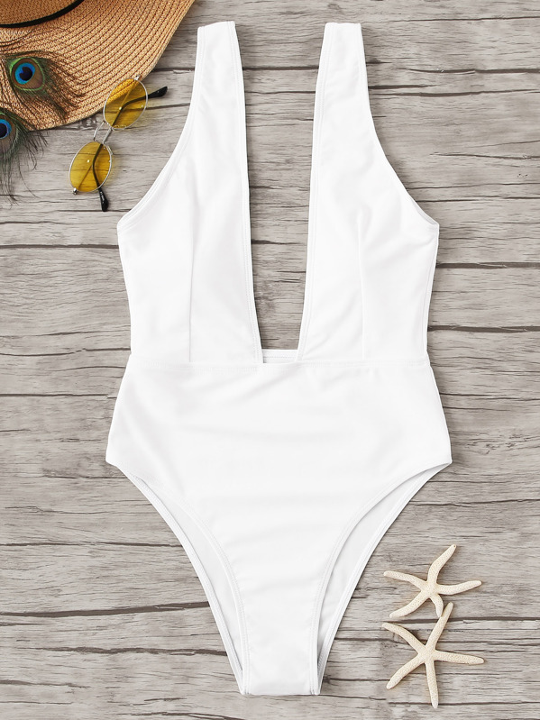 

Plunge Neck One Piece Swimsuit, White