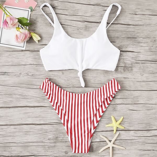 

Knot Front Top With Striped Bikini Set, Multicolor