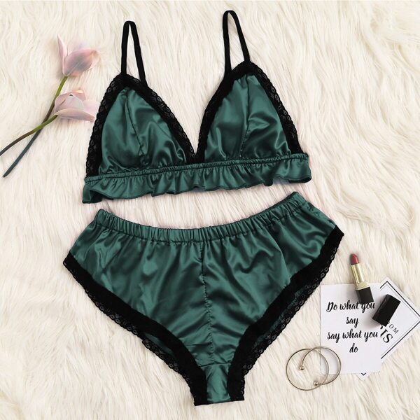 

Plus Lace Trim Satin Lingerie Set, Green