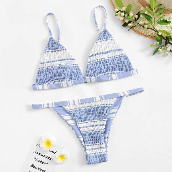 

Striped Smocked Triangle Top With Tanga Bikini