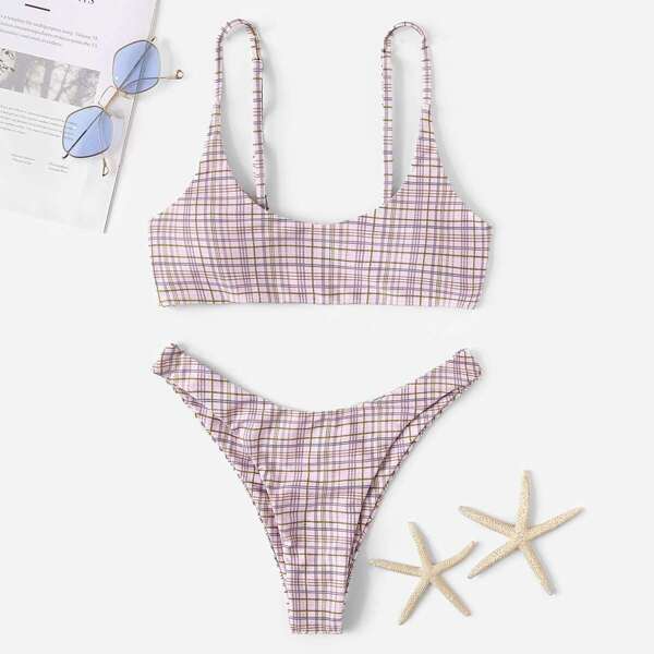 

Plaid High Cut Cheeky Bikini Set