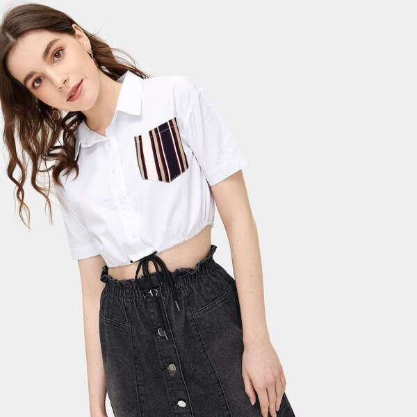 

Contrast Striped Pocket Drawstring Hem Crop Blouse