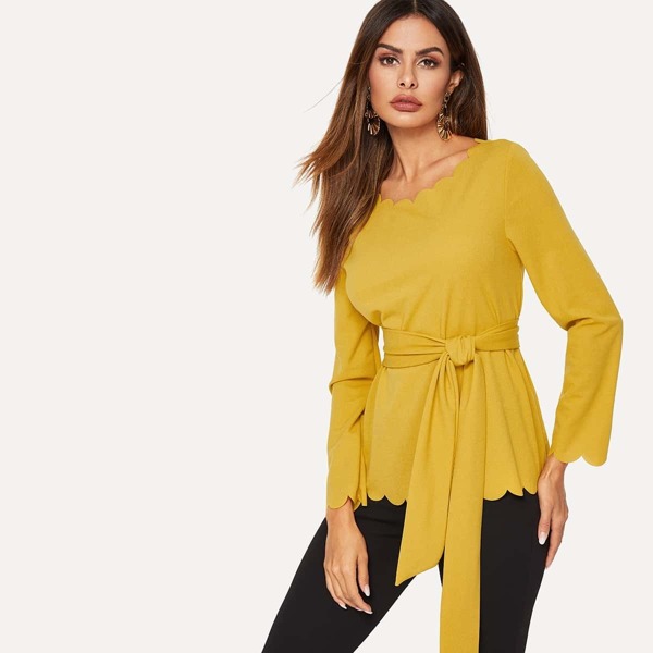 

Scallop Trim Belted Blouse