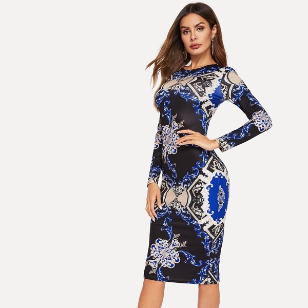 

Damask Print Keyhole Back Bodycon Dress