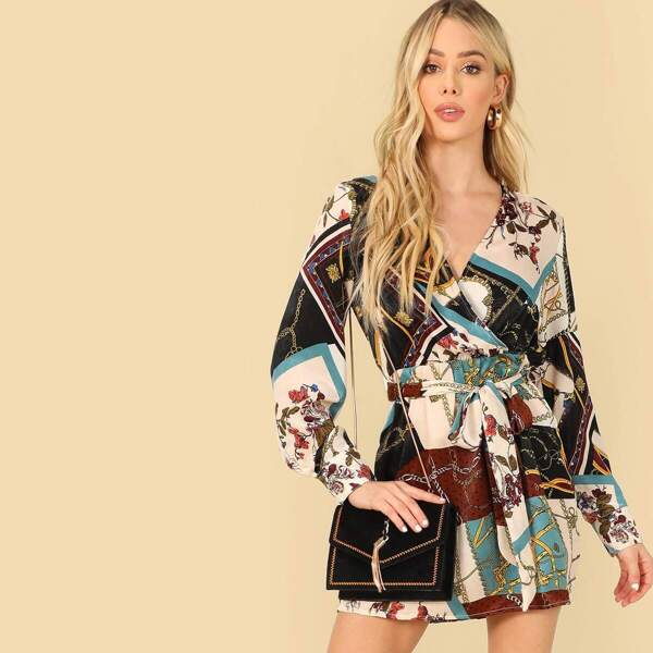 

Scarf Print Surplice Self Tie Dress, Multicolor