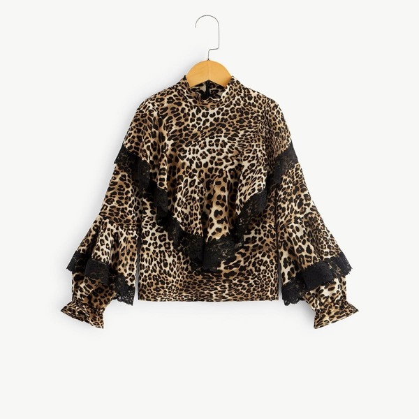 

Girls Lace Trim Bishop Sleeve Leopard Top