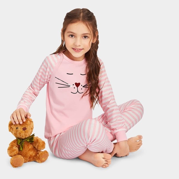 

Girls Cartoon Graphic Striped Pajama Set, Pink pastel
