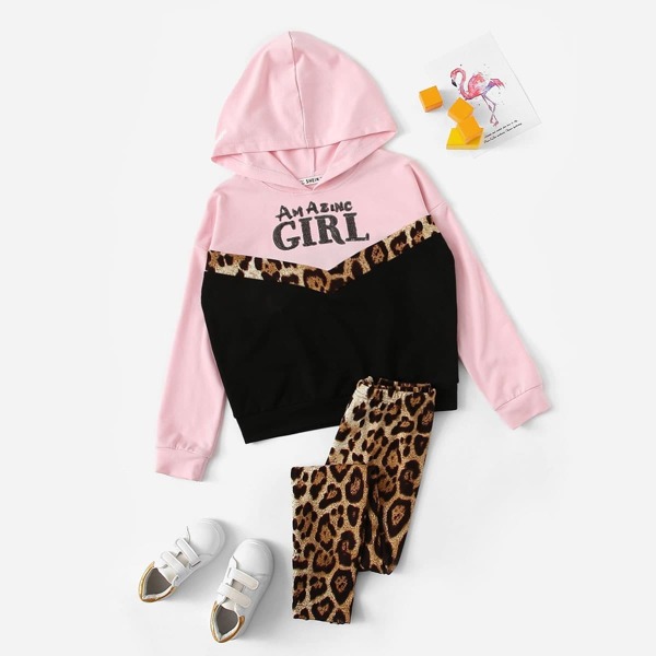 

Girls Sequin Detail Colorblock Hoodie & Leopard Pants Set