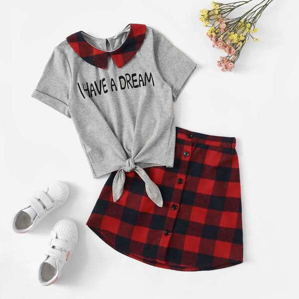 

Girls Knot Front Letter Tee & Buttoned Plaid Skirt Set