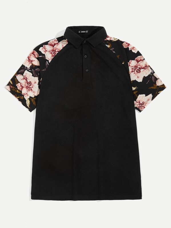 

Men Flower Raglan Sleeve Polo Shirt, Black