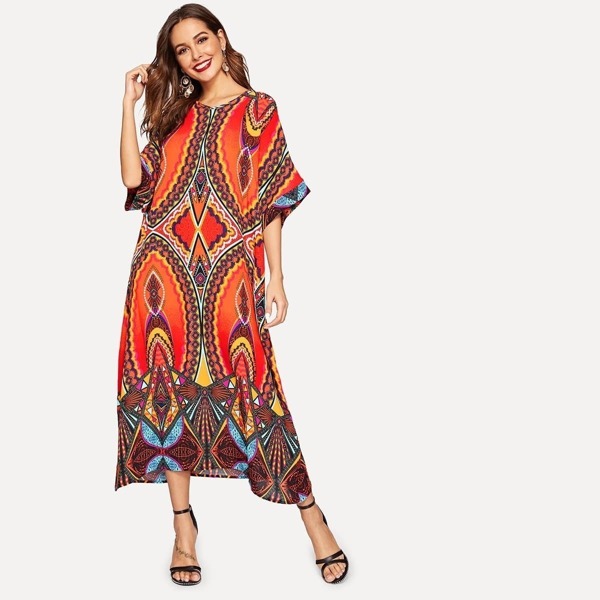

Batwing Sleeve Tribal Print Hijab Dress