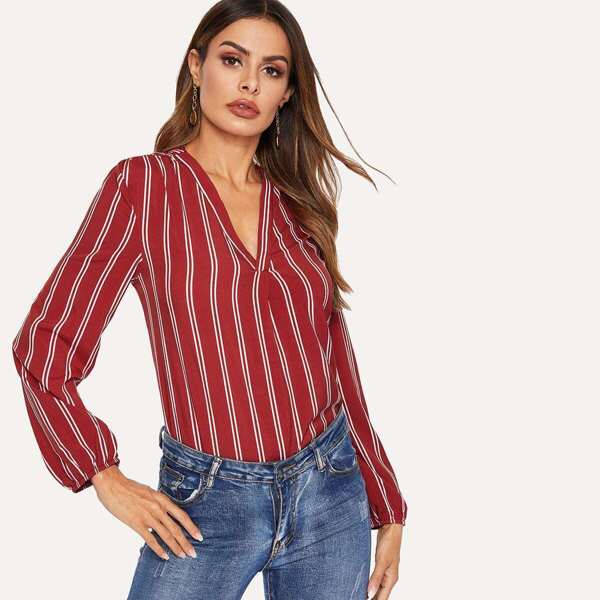 

V-neck Vertical-stripe Blouse