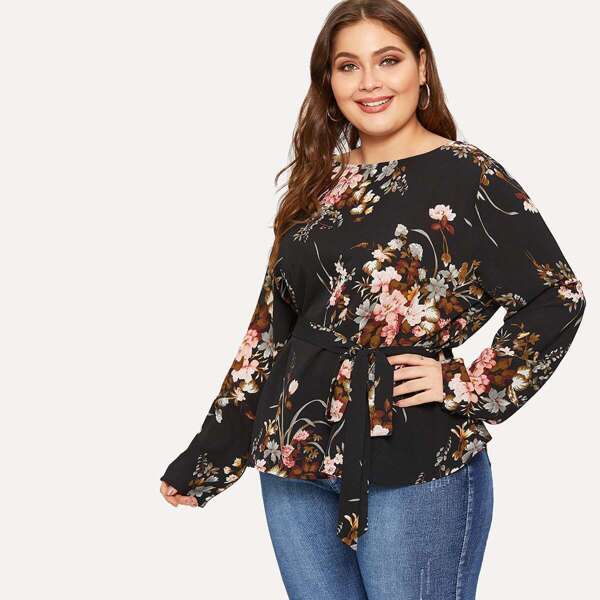 

Plus Self Belted Floral Print Blouse