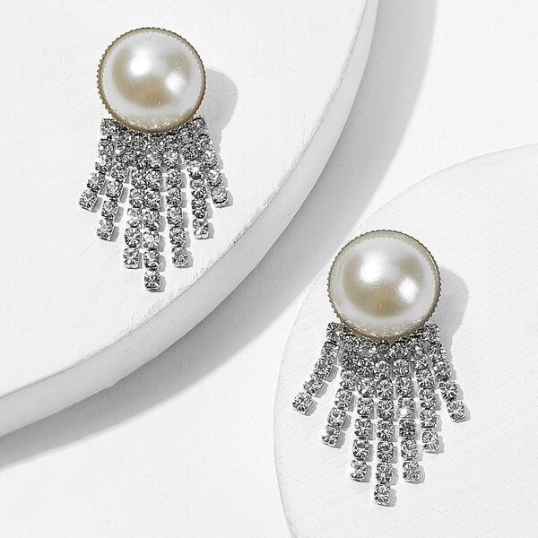 

Faux Pearl & Rhinestone Fringe Drop Earrings 1pair