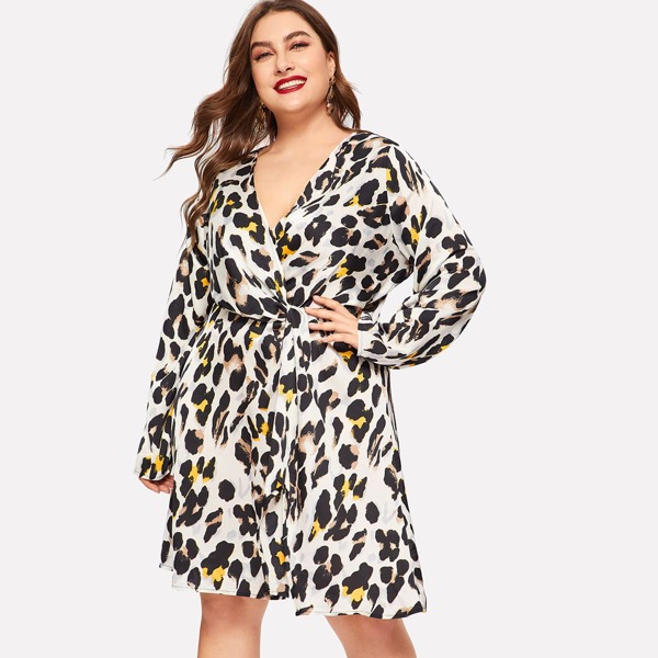 

Plus Wrap Belted Leopard Dress