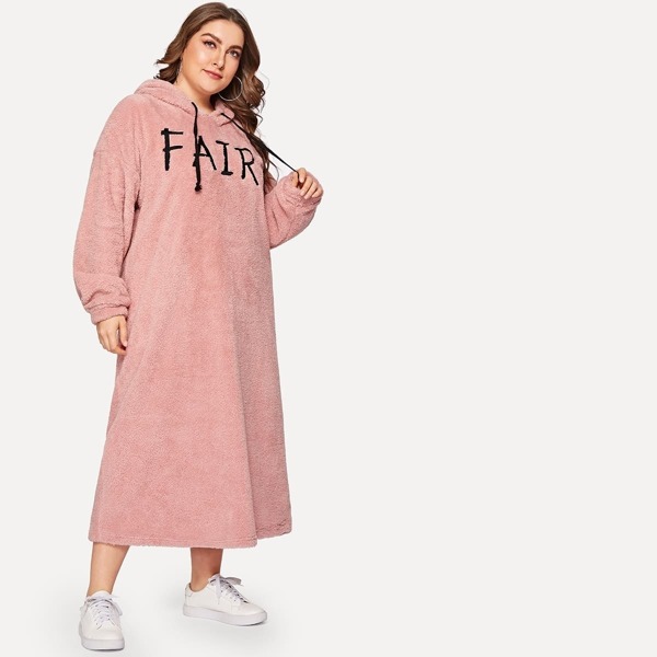 

Plus Letter Embroidery Drawstring Hooded Teddy Dress
