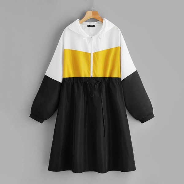 

Plus Zip Front Drawstring Waist Frilled Hooded Dress
