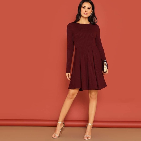

High Waist Rib-knit Fit & Flare Dress