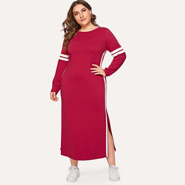 

Plus Split Side Striped Dress, Red