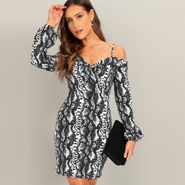 

Foldover Cold Shoulder Snakeskin Bodycon Dress