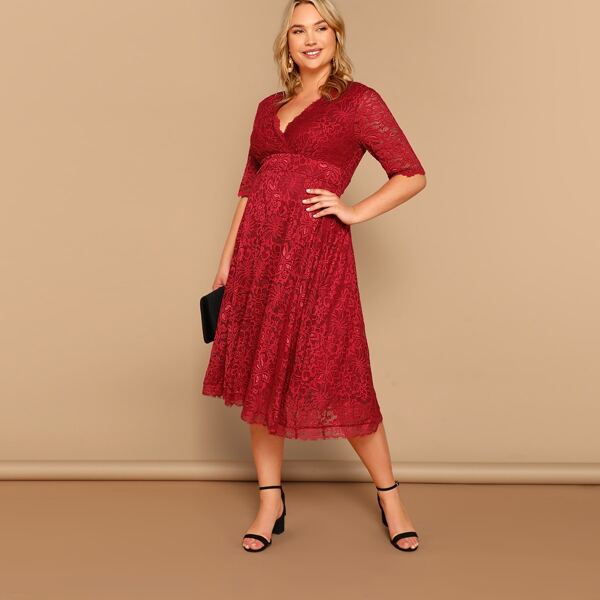 

Plus Surplice Neck High Waist Lace Dress, Burgundy