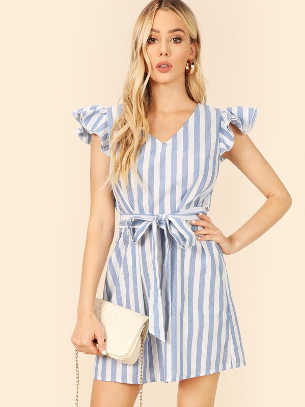 

Ruffle Cap Sleeve Self Belted Striped Dress, Blue, Celeste Bright