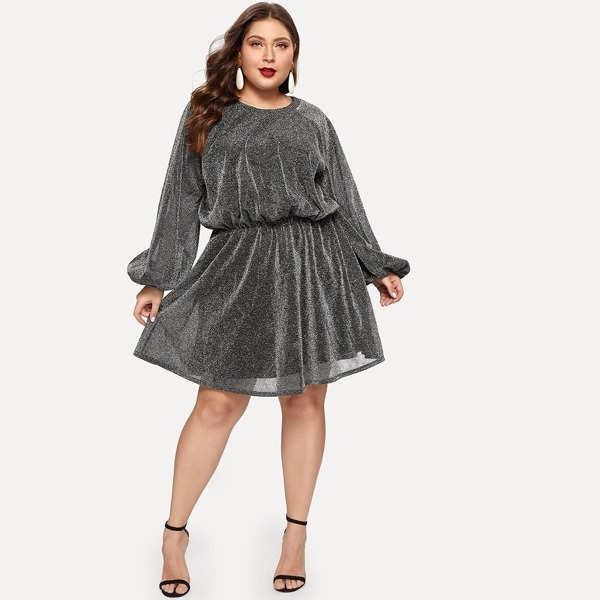

Plus Balloon Sleeve Cut-out Back Glitter Dress