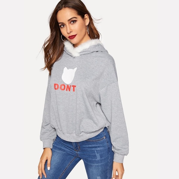 

Contrast Faux Fur Detail Letter Print Hoodie