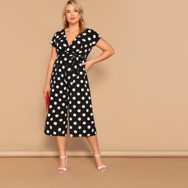 

Plus V Neck Polka-dot Belted Capris Jumpsuit, Black and white