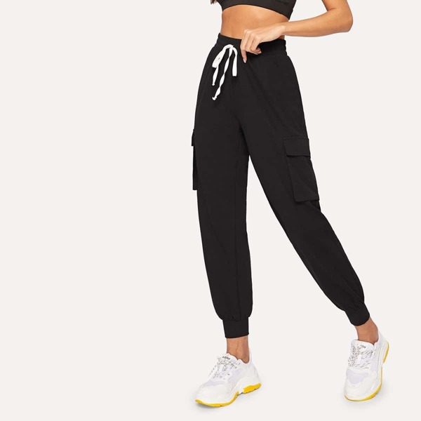 

Drawstring Waist Flap Pocket Side Tapered Pants, Black