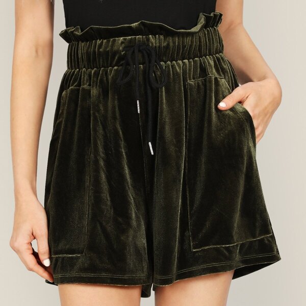 

Paperbag Waist Pocket Front Velvet Shorts