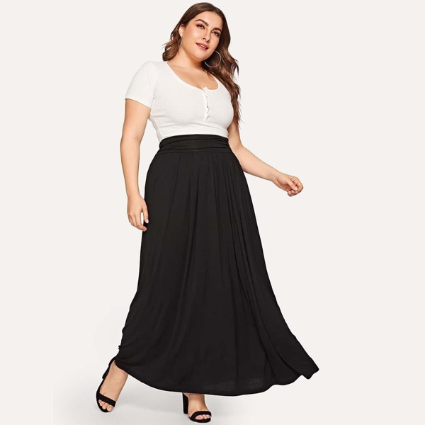 

Plus Wide Waist Maxi Jersey Skirt, Black