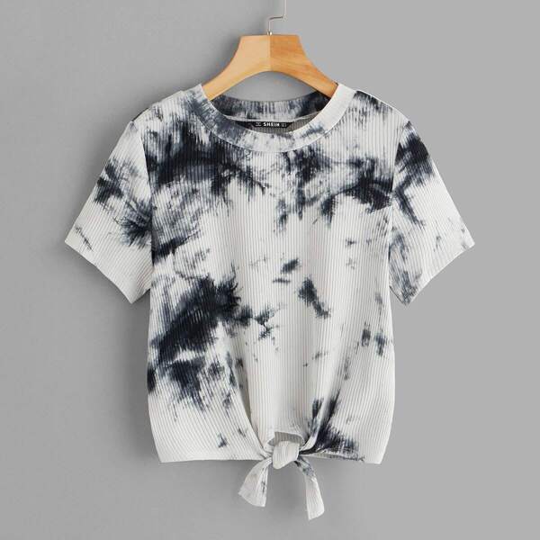 

Tie Dye Knot Hem Rib-knit Tee, Black and white
