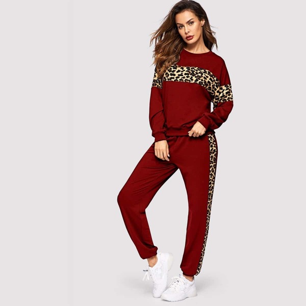 

Leopard Print Cut-and-sew Pullover & Pants Set