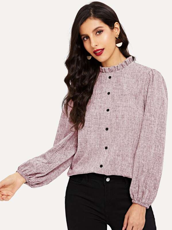 

Frilled Neck Bishop Sleeve Button Front Blouse, Pink