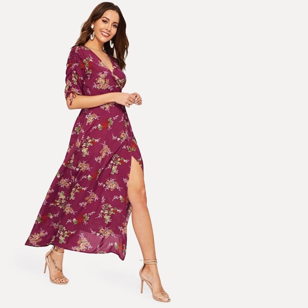 

Drawstring Sleeve Split Floral Surplice Maxi Dress