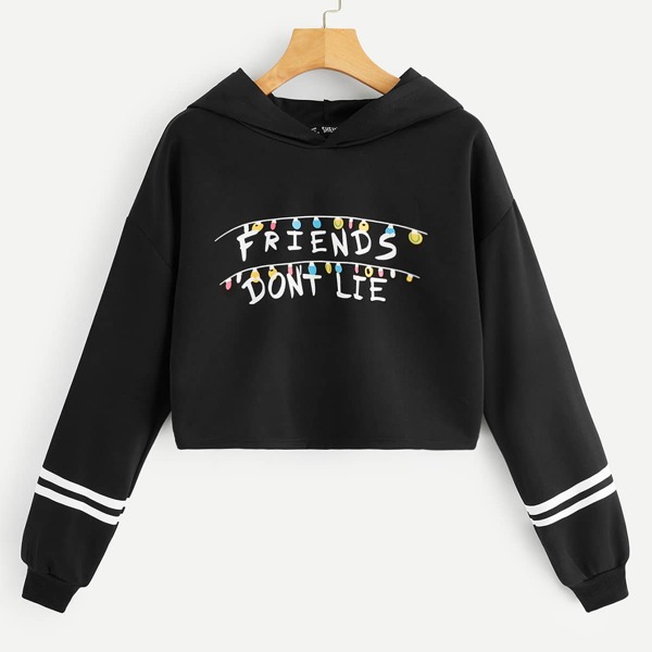 

Dot Letter Print Striped Sleeve Hoodie