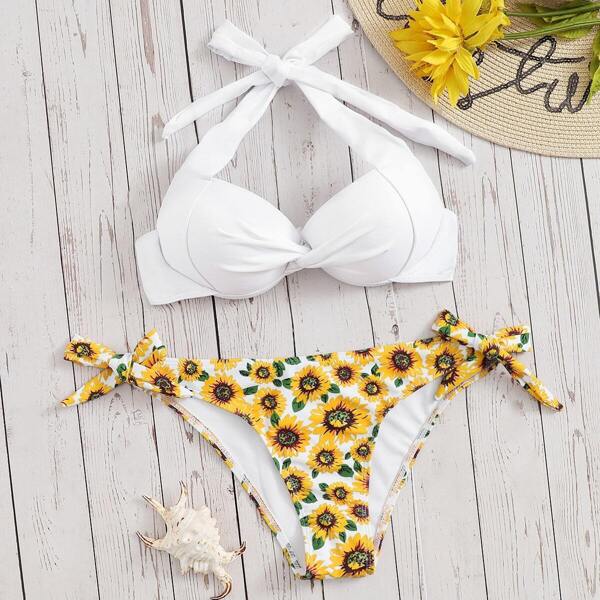 

Halterneck Twist Top & Random Sunflower Panty Bikini, Multicolor