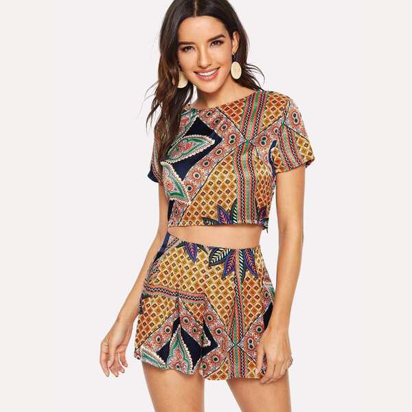 

Ornate Print Crop Top & Boxed Pleated Skirt Set