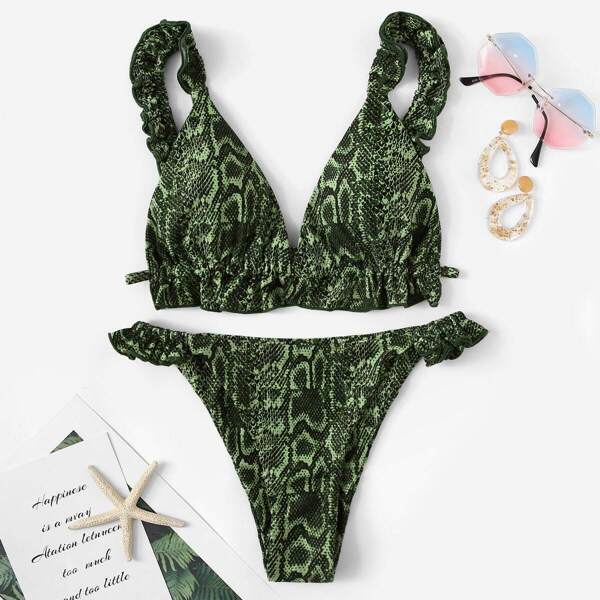 

Snake Print Frill Top With Tanga Bottom Bikini Set