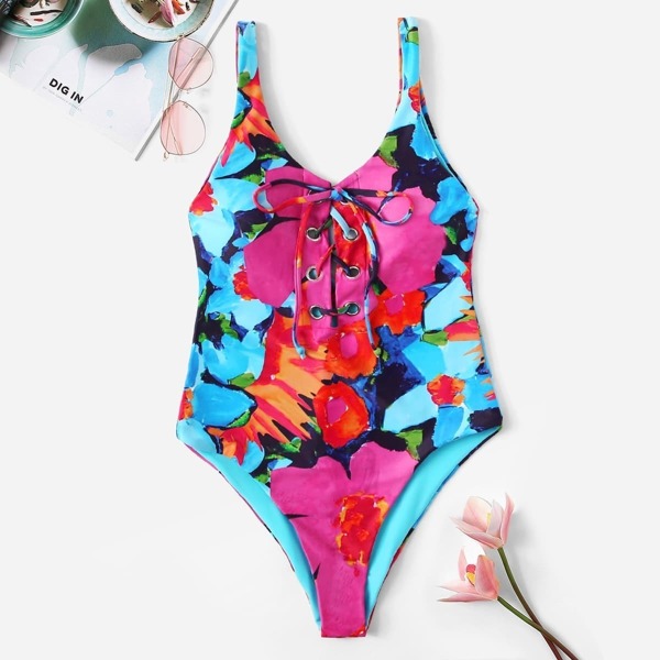 

Tie Design Front Oil Painting One Piece Swimsuit, Multicolor
