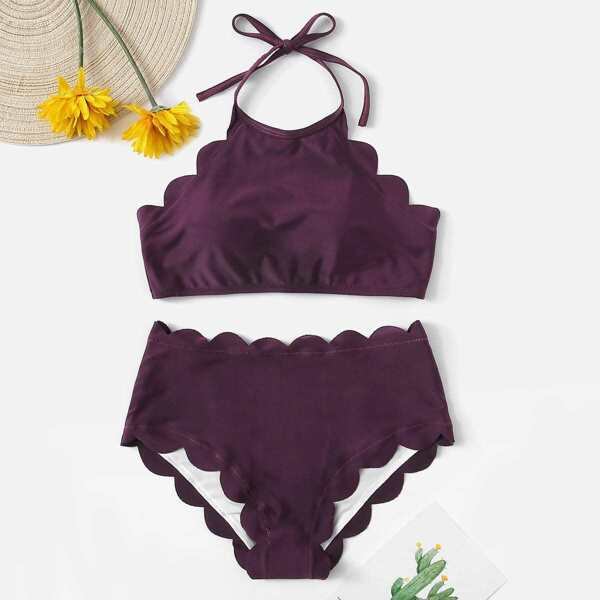 

Scalloped Trim Halter Top With High Waist Bikini